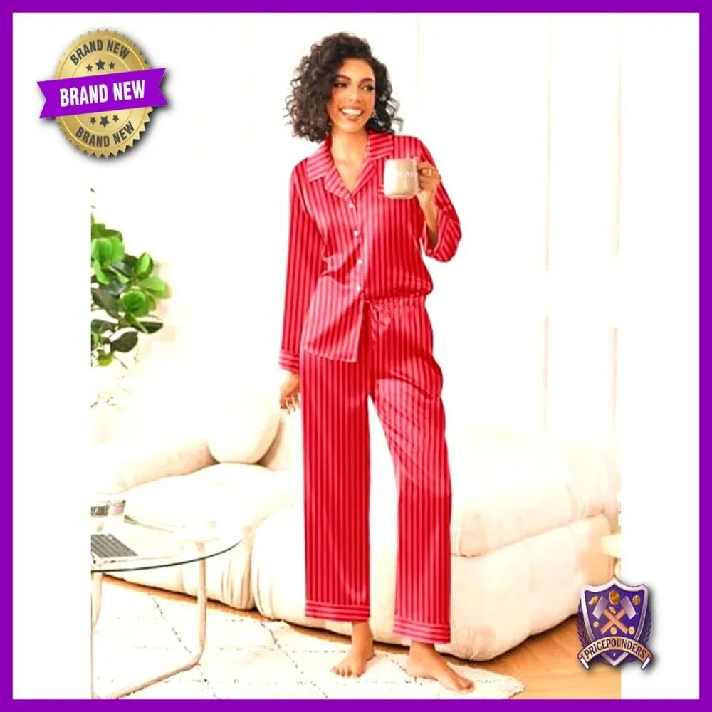 Silk Satin Pajama Set Long Sleeve Button Down Top and Pants Loungewear